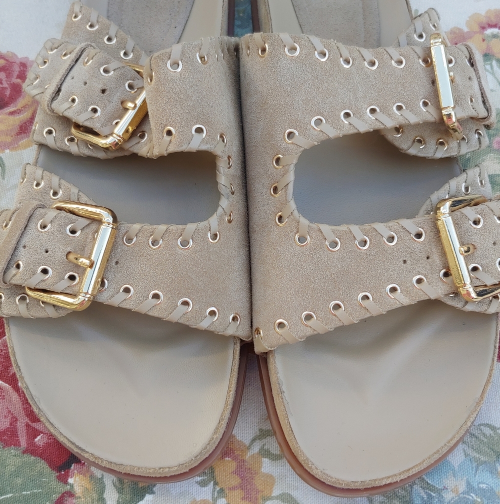Zara Tan Suede Double Strap Slide Sandals with Gromets Women's size US 11 Euro 4 - Picture 8 of 17